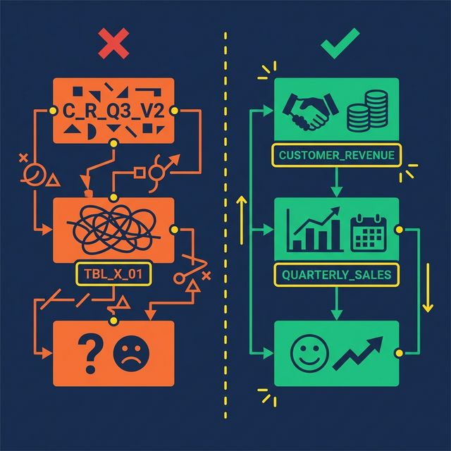 Bad vs. good naming conventions — cryptic abbreviations vs. clear business names